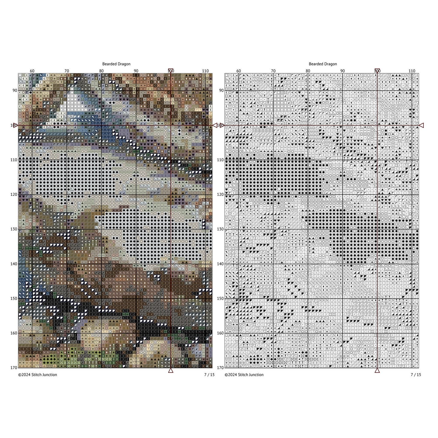 Bearded Dragon Lizard Cross Stitch Pattern digital download chart preview with colour symbols and black-and-white symbol chart for printable counted cross stitch.