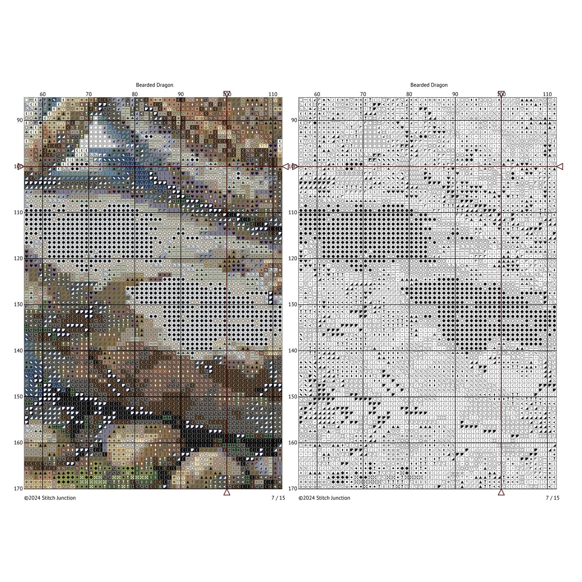 Bearded Dragon Lizard Cross Stitch Pattern digital download chart preview with colour symbols and black-and-white symbol chart for printable counted cross stitch.