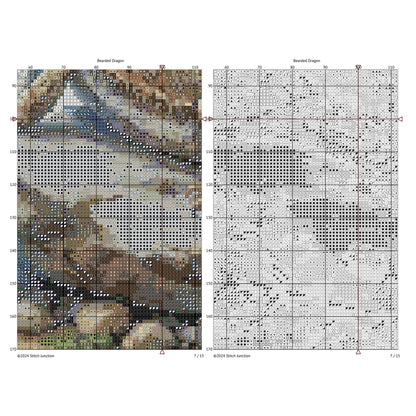 Bearded Dragon Lizard Cross Stitch Pattern digital download chart preview with colour symbols and black-and-white symbol chart for printable counted cross stitch.