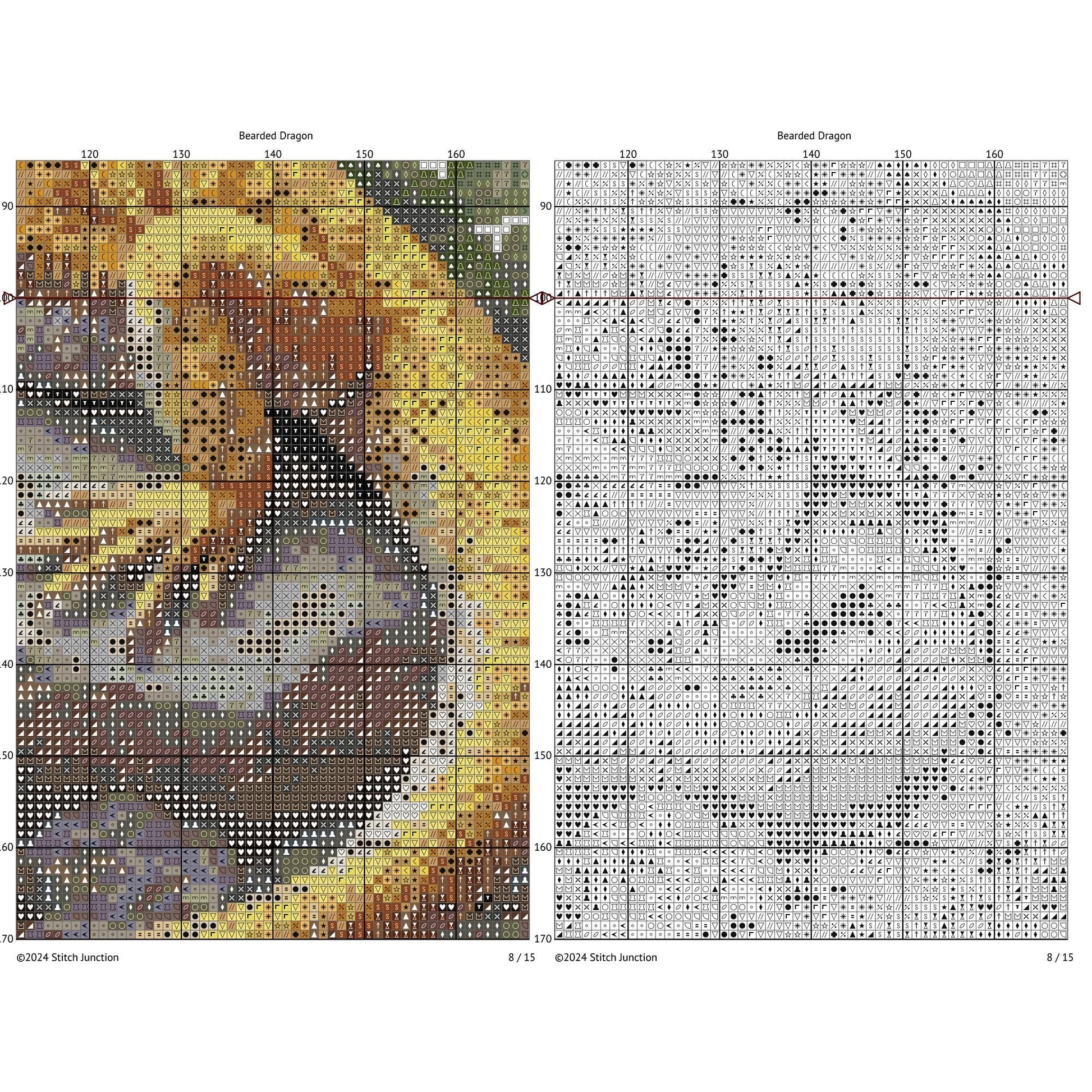 Cross-stitch pattern for a bearded dragon with a color swatch and grid layout.