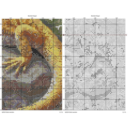 Cross-stitch pattern for a bearded dragon with a color swatch and grid layout.
