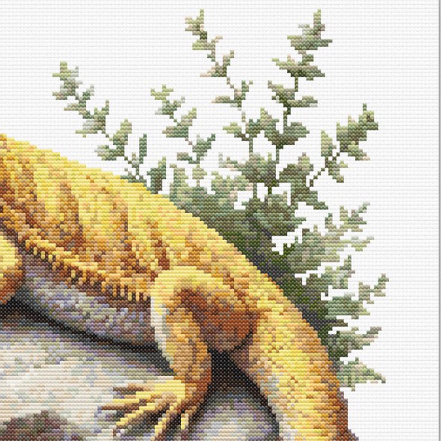 Cross-stitched lizard on a white background