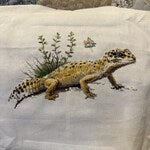 Finished bearded dragon cross stitch stitched by Susan P