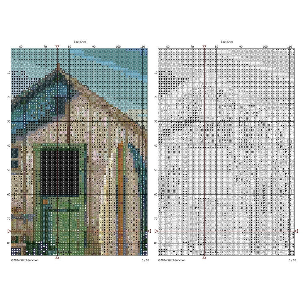 Boat Shed Cross Stitch Pattern digital download chart preview with colour symbols and black-and-white symbol chart for printable counted cross stitch.