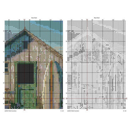 Boat Shed Cross Stitch Pattern digital download chart preview with colour symbols and black-and-white symbol chart for printable counted cross stitch.