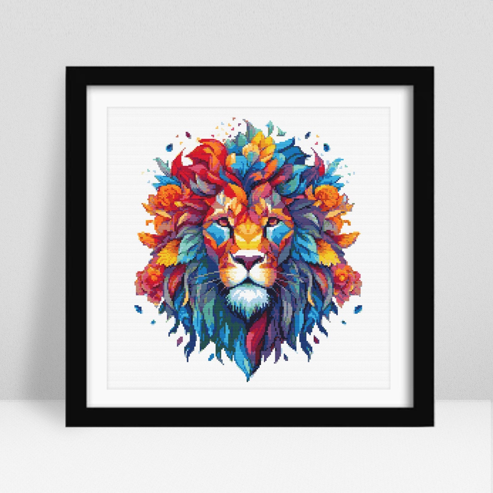 Colorful lion head artwork in a black frame on a white background