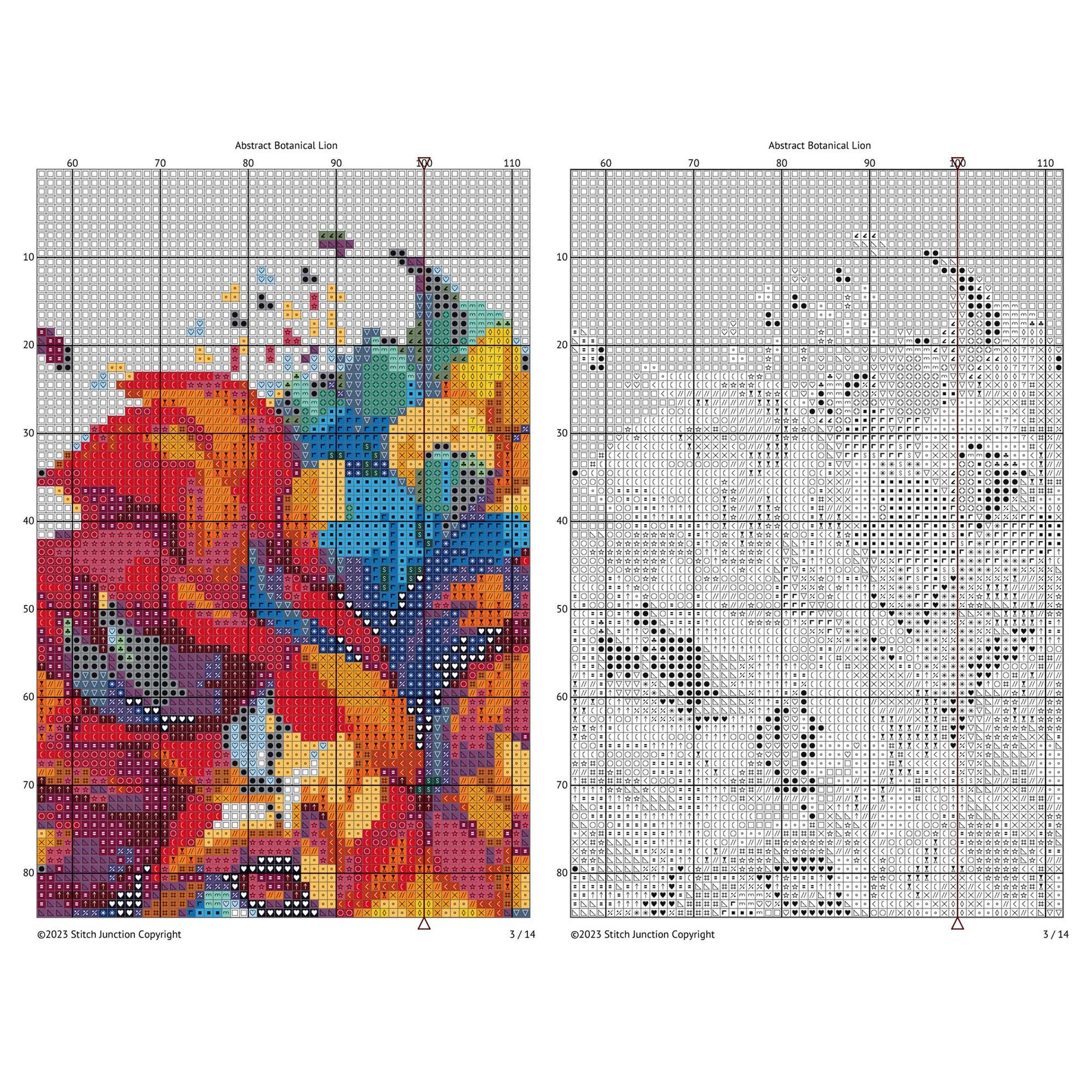 Vibrant Botanical Lion Cross Stitch Pattern, Colorful Embroidery Guide for Lion - digital cross stitch pattern by Stitch Junction