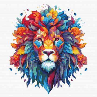 Vibrant Botanical Lion Cross Stitch Pattern, Colorful Embroidery Guide for Lion - digital cross stitch pattern by Stitch Junction