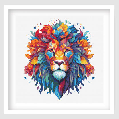 Vibrant Botanical Lion Cross Stitch Pattern featuring a colourful lion portrait with bold floral detail, rich embroidery-style texture, and decorative wildlife wall art.
