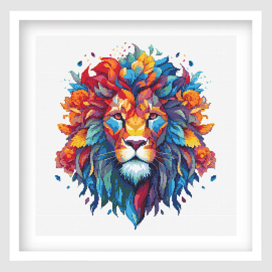 Vibrant Botanical Lion Cross Stitch Pattern featuring a colourful lion portrait with bold floral detail, rich embroidery-style texture, and decorative wildlife wall art.