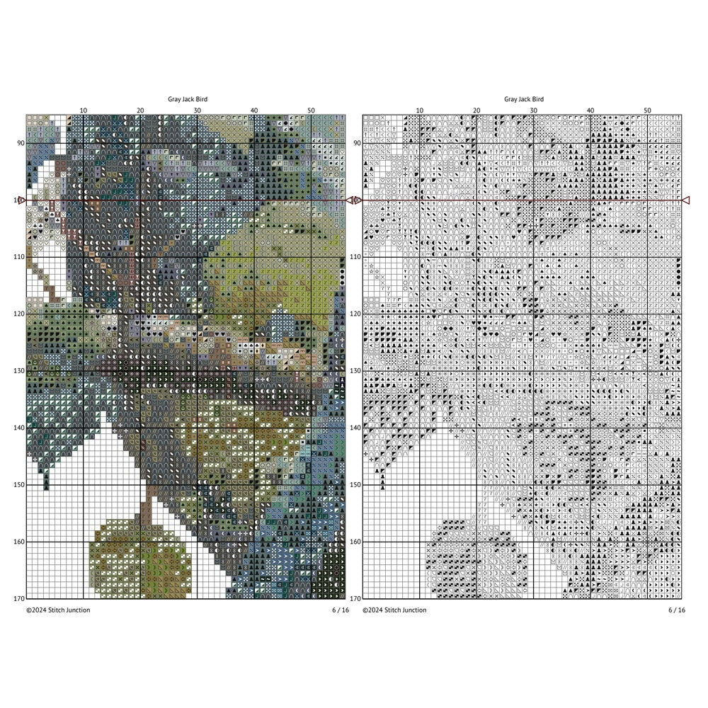 Cross-stitch pattern for canadian bird with a detailed grid on a white background