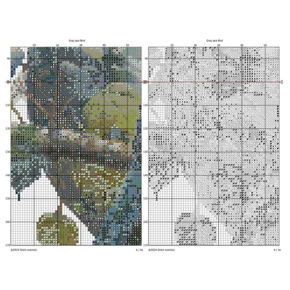 Cross-stitch pattern for canadian bird with a detailed grid on a white background