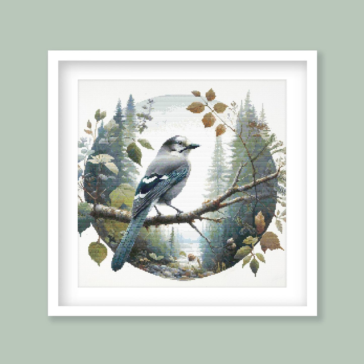 Framed artwork of a canada jay bird on a branch with a forest background.