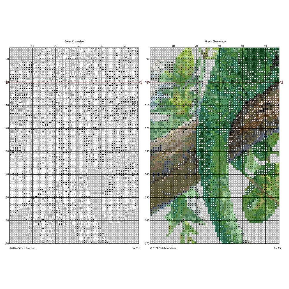 Cross-stitch pattern for a green chameleon with grid lines on a white background