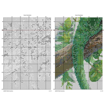 Cross-stitch pattern for a green chameleon with grid lines on a white background