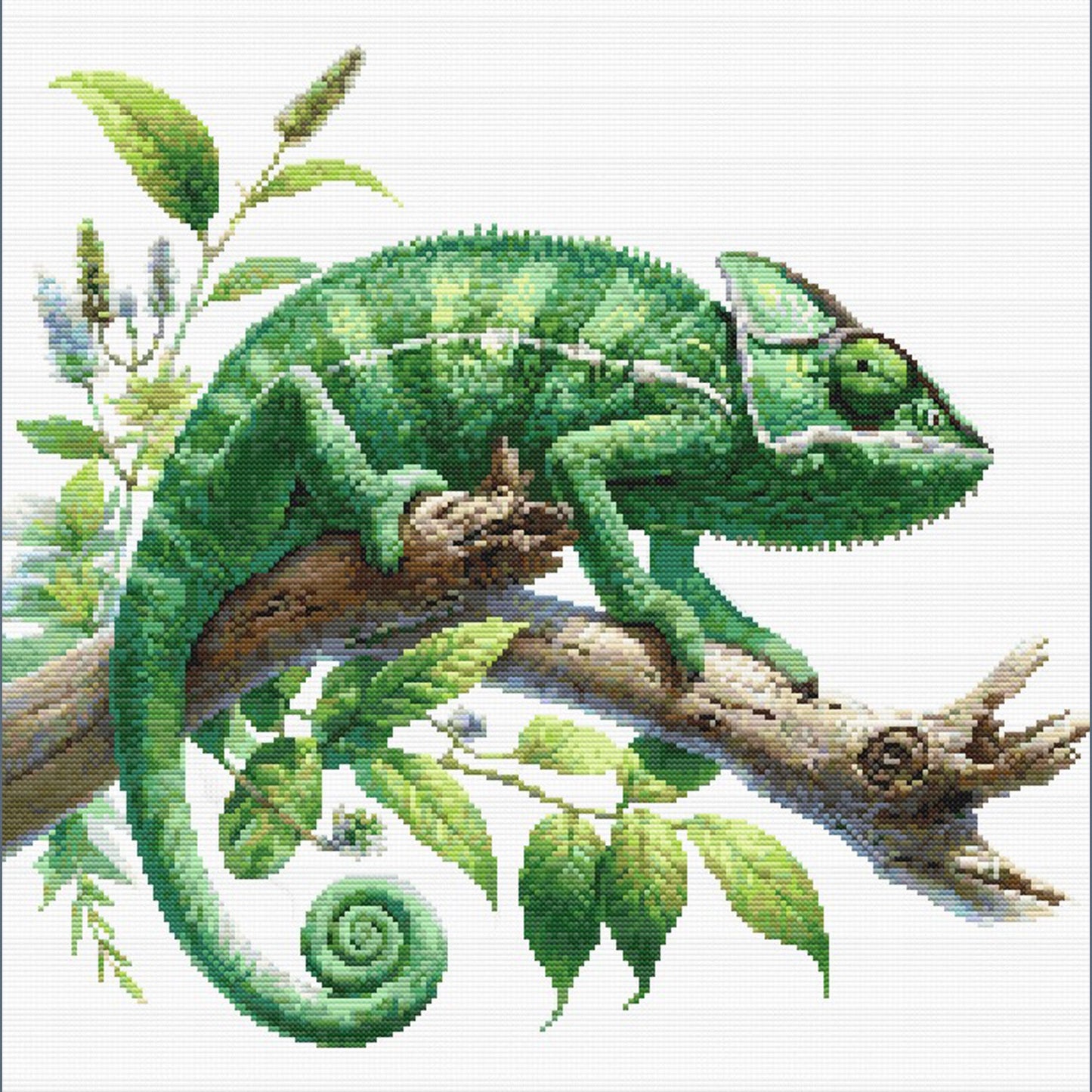 Cross-stitched green chameleon on a branch with leaves and flowers.