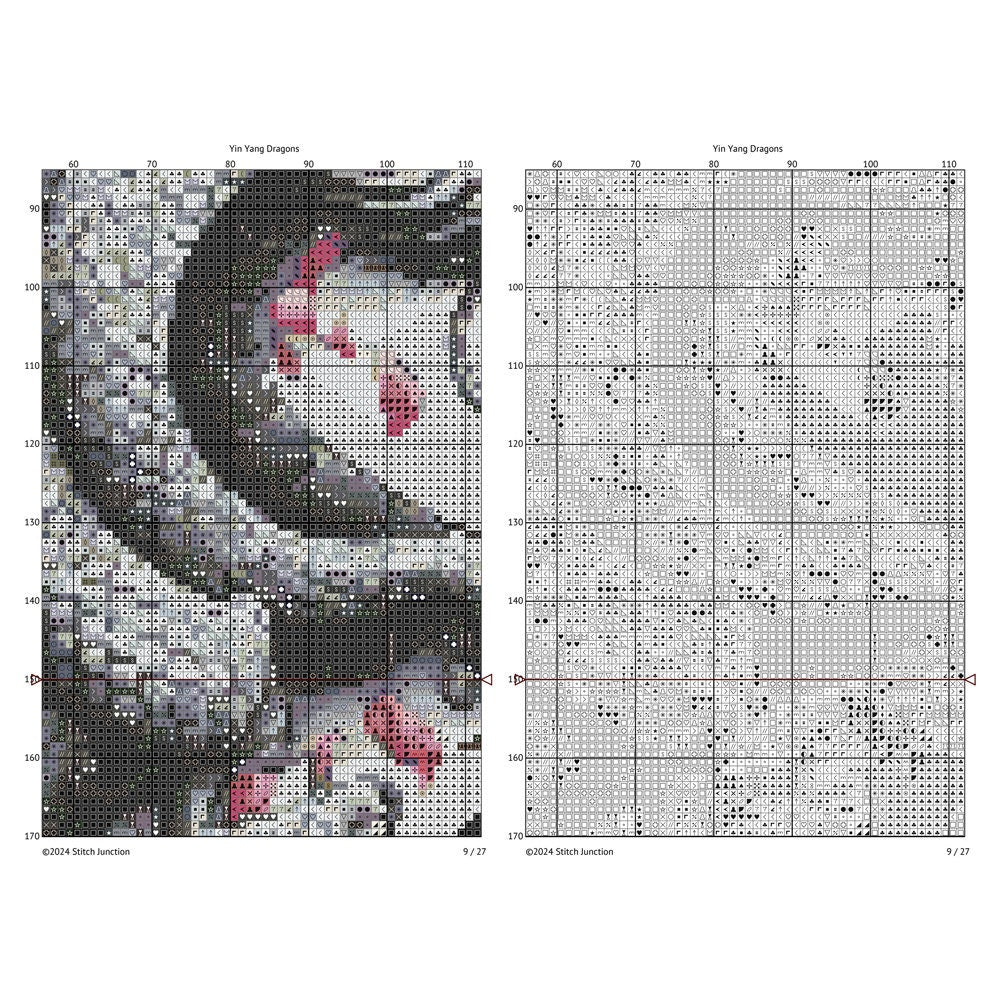 Chinese Dragon Cross Stitch Pattern digital download chart preview with colour symbols and black-and-white symbol chart for printable counted cross stitch.