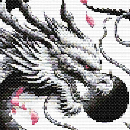 Close-up of Chinese Dragon Cross Stitch Pattern showing the dragon face, flowing whiskers, scale detail, and Asian-inspired artwork.