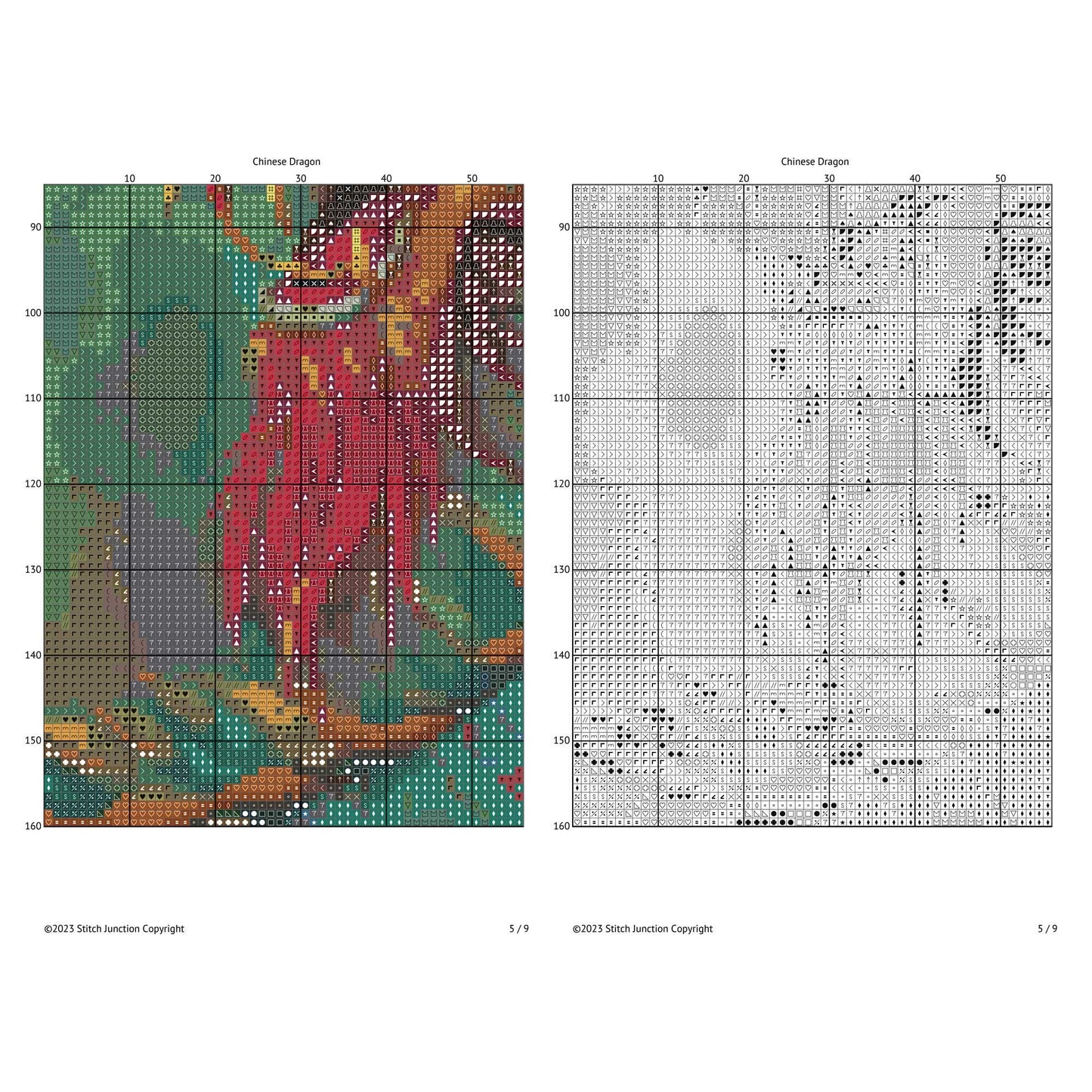 Cross-stitch pattern for a Chinese dragon with color chart on the left and black and white grid on the right.