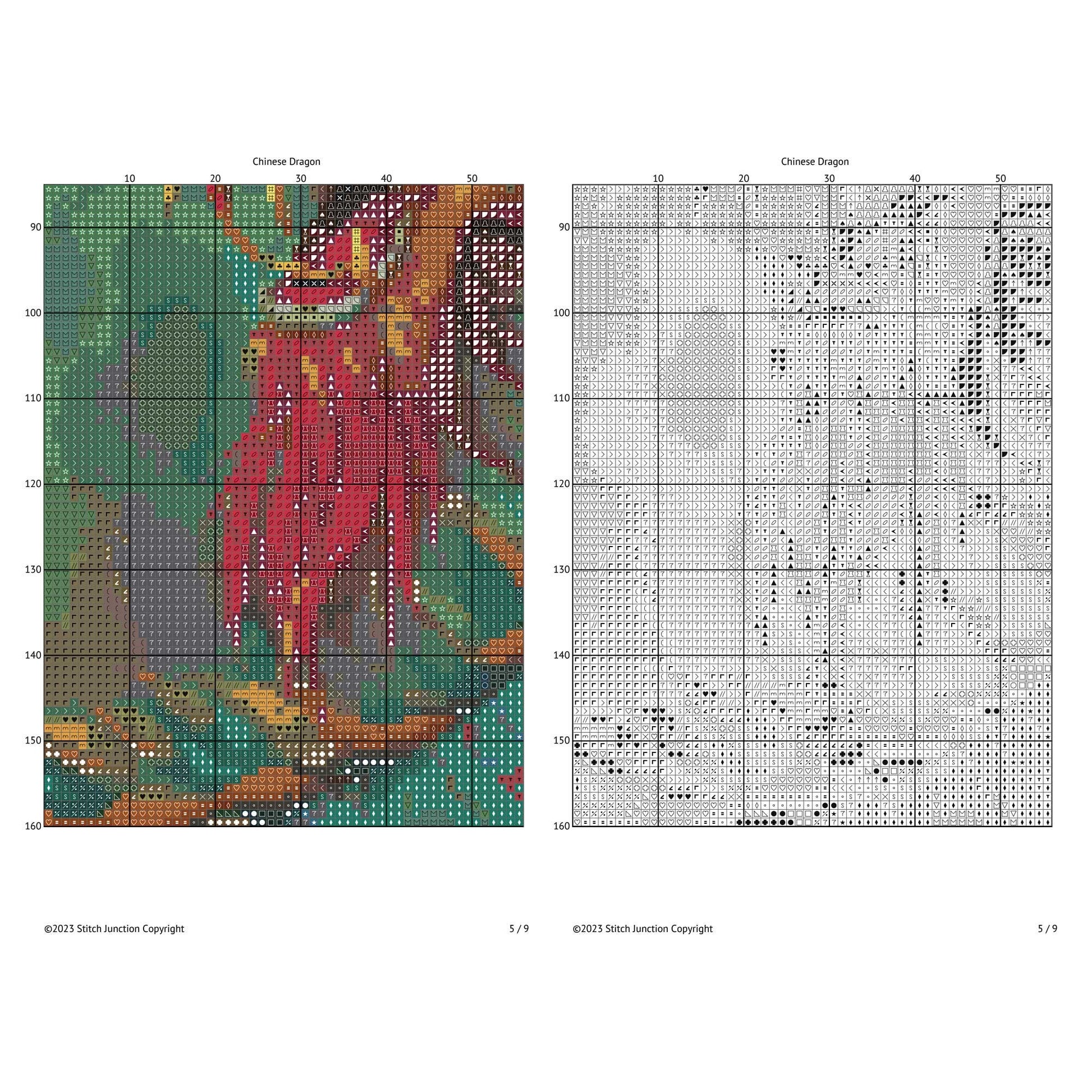 Cross-stitch pattern for a Chinese dragon with color chart on the left and black and white grid on the right.