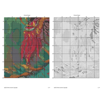 Cross-stitch pattern for a Chinese dragon with color chart on the left and black and white grid on the right.