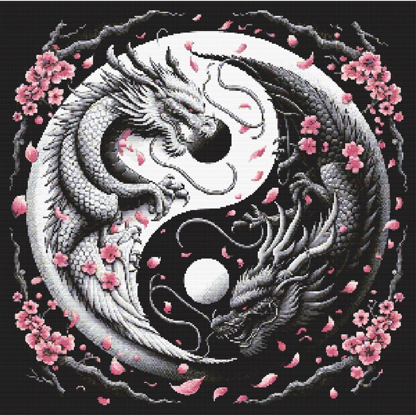 Chinese Dragon Cross Stitch Pattern featuring a yin-yang dragon design with cherry blossoms, black background, and symbolic fantasy detail.