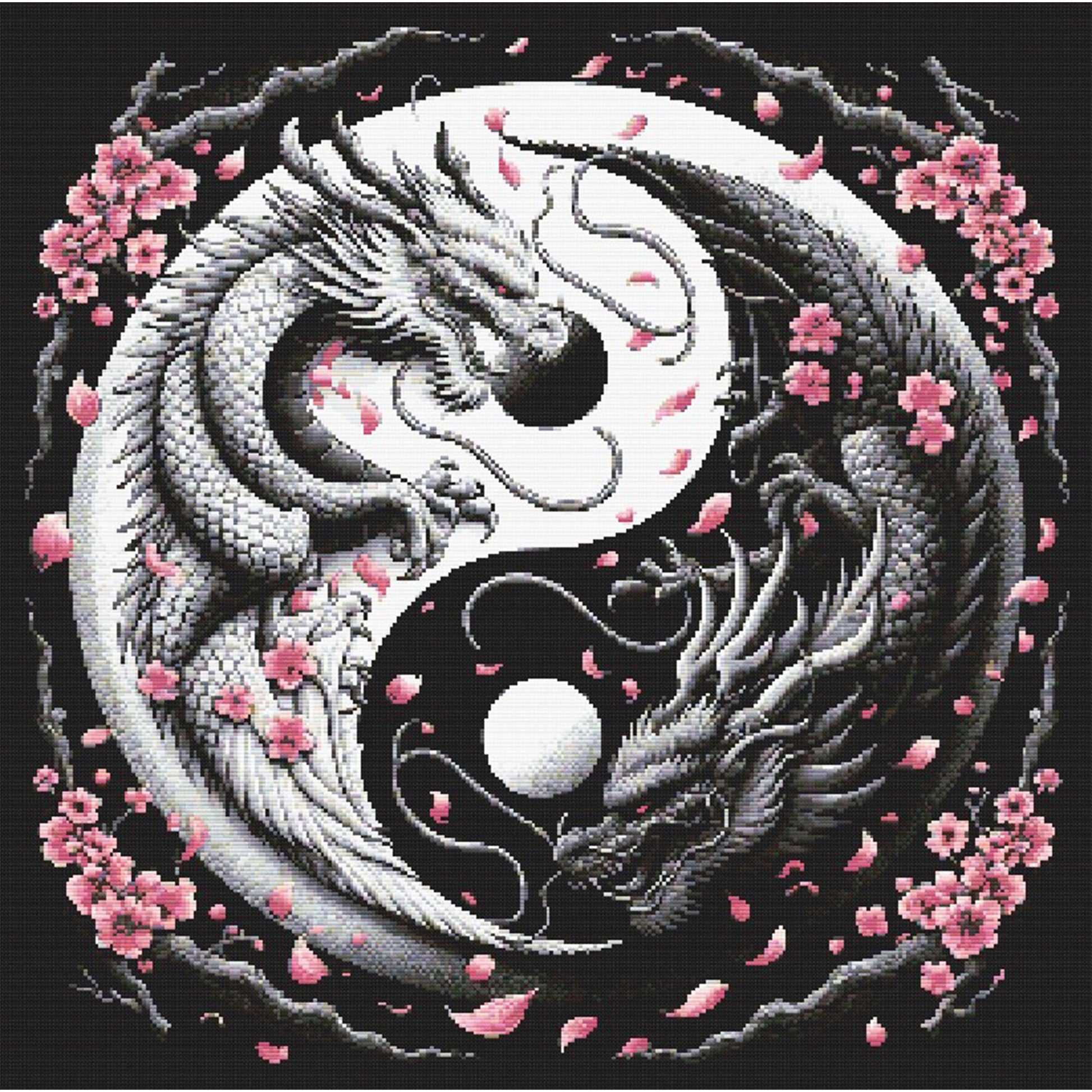 Chinese Dragon Cross Stitch Pattern featuring a yin-yang dragon design with cherry blossoms, black background, and symbolic fantasy detail.