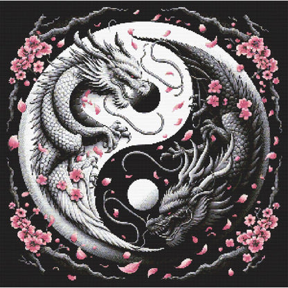 Chinese Dragon Cross Stitch Pattern featuring a yin-yang dragon design with cherry blossoms, black background, and symbolic fantasy detail.