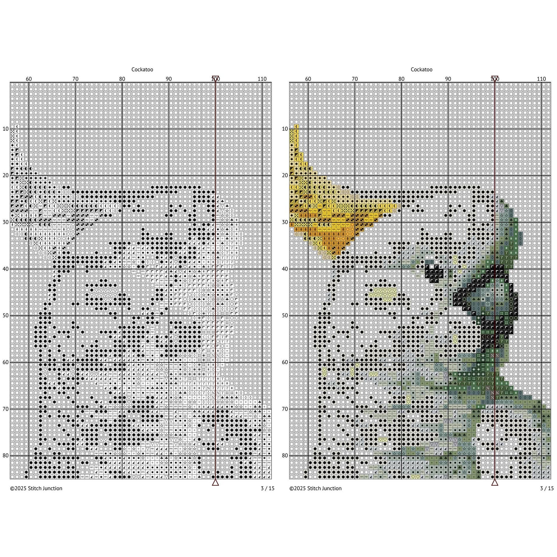Cross-stitch pattern for a cockatoo with grid lines and color swatches, and symbols.