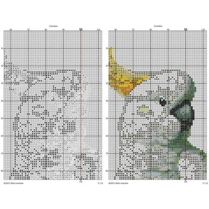 Cross-stitch pattern for a cockatoo with grid lines and color swatches, and symbols.