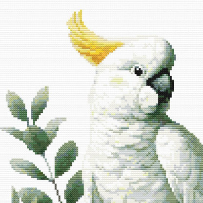 A white cockatoo close up with green leaves and a yellow crest and a black beak.
