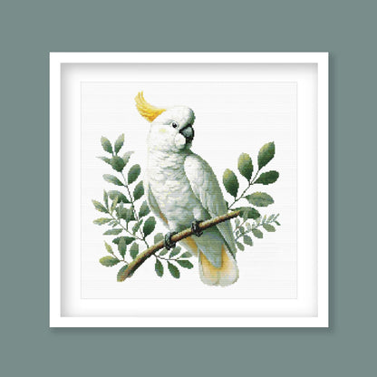 Cockatoo Cross Stitch Pattern digital PDF cross stitch pattern previewed in a white frame.