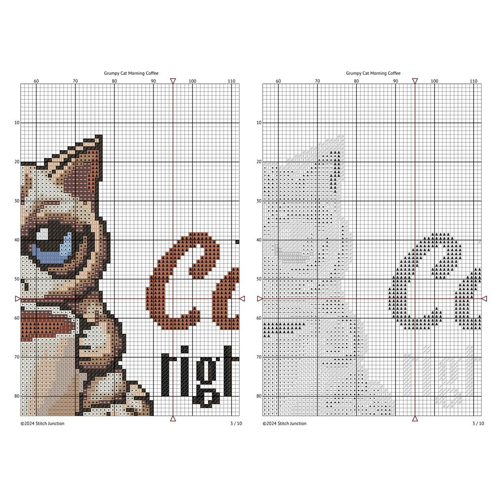 Coffee Craving Cat Cross Stitch Pattern digital download chart preview with colour symbols and black-and-white symbol chart for printable counted cross stitch.