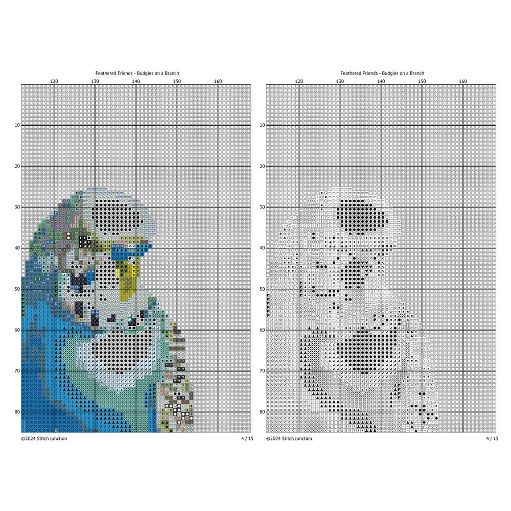 Colorful Budgies Cross Stitch Pattern digital download chart preview with colour symbols and black-and-white symbol chart for printable counted cross stitch.
