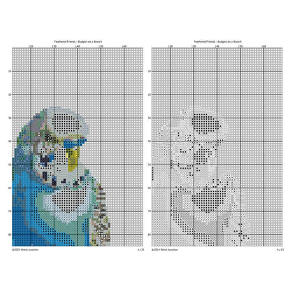 Colorful Budgies Cross Stitch Pattern digital download chart preview with colour symbols and black-and-white symbol chart for printable counted cross stitch.