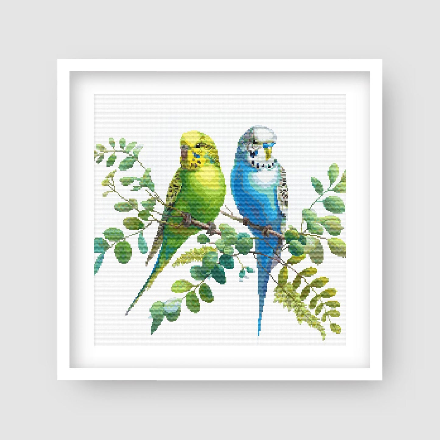 Colorful Budgies Cross Stitch Pattern displayed in a white frame as pet bird wall art with two colourful budgies and soft foliage.