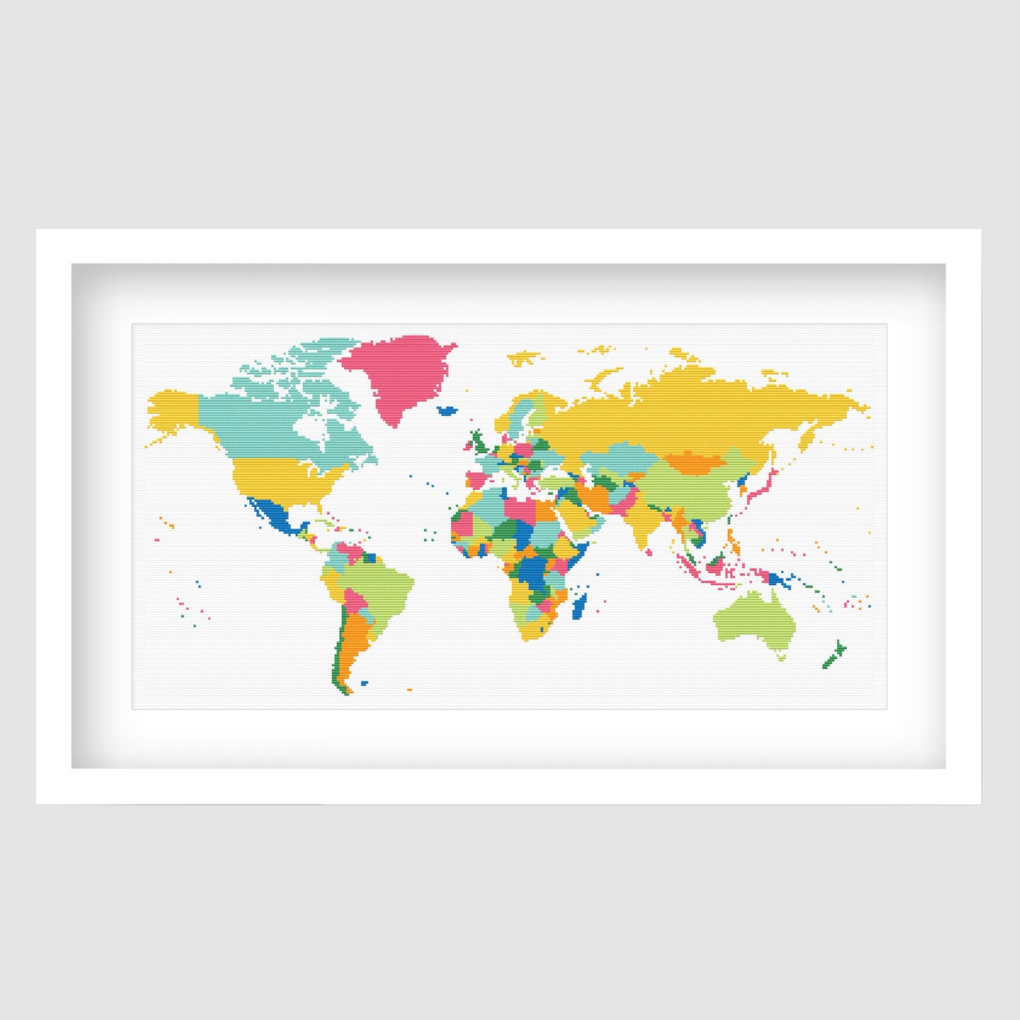 Colourful World Map Cross Stitch Pattern displayed as framed wall art with a bright multicolour map design for kids rooms, classrooms, and travel decor.