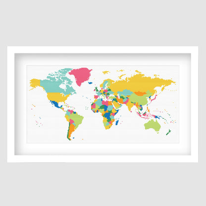 Colourful World Map Cross Stitch Pattern displayed as framed wall art with a bright multicolour map design for kids rooms, classrooms, and travel decor.