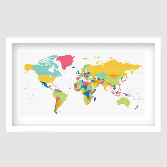 Colourful World Map Cross Stitch Pattern displayed as framed wall art with a bright multicolour map design for kids rooms, classrooms, and travel decor.
