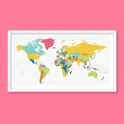 Colourful World Map Cross Stitch Pattern displayed in a pink frame with a bright multicolour map design for kids room or classroom decor.