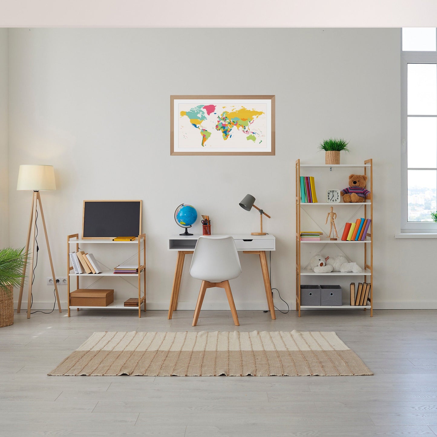 Colourful World Map Cross Stitch Pattern shown in a children’s room preview as educational travel-themed wall art above a desk.