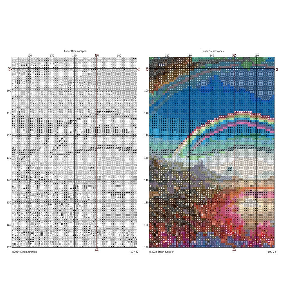 Crimson Rainbow Tree Cross Stitch Pattern chart preview with colour symbols and black-and-white symbol chart for a printable digital PDF pattern