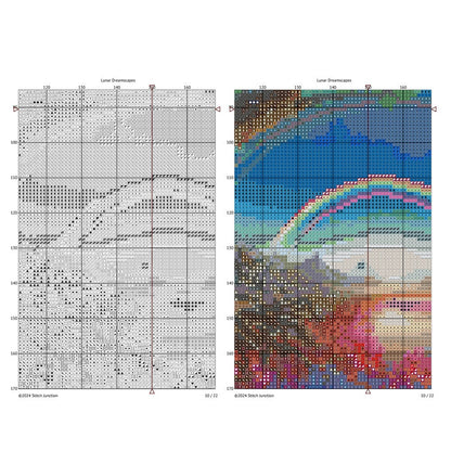 Crimson Rainbow Tree Cross Stitch Pattern chart preview with colour symbols and black-and-white symbol chart for a printable digital PDF pattern
