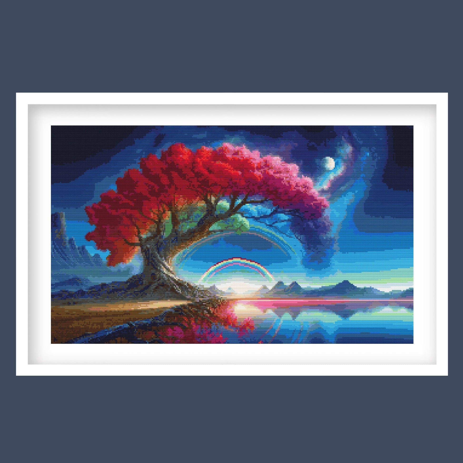 Crimson Rainbow Tree Cross Stitch Pattern displayed as framed wall art with a red blossom tree, calm lake, rainbow glow, and dramatic night sky.