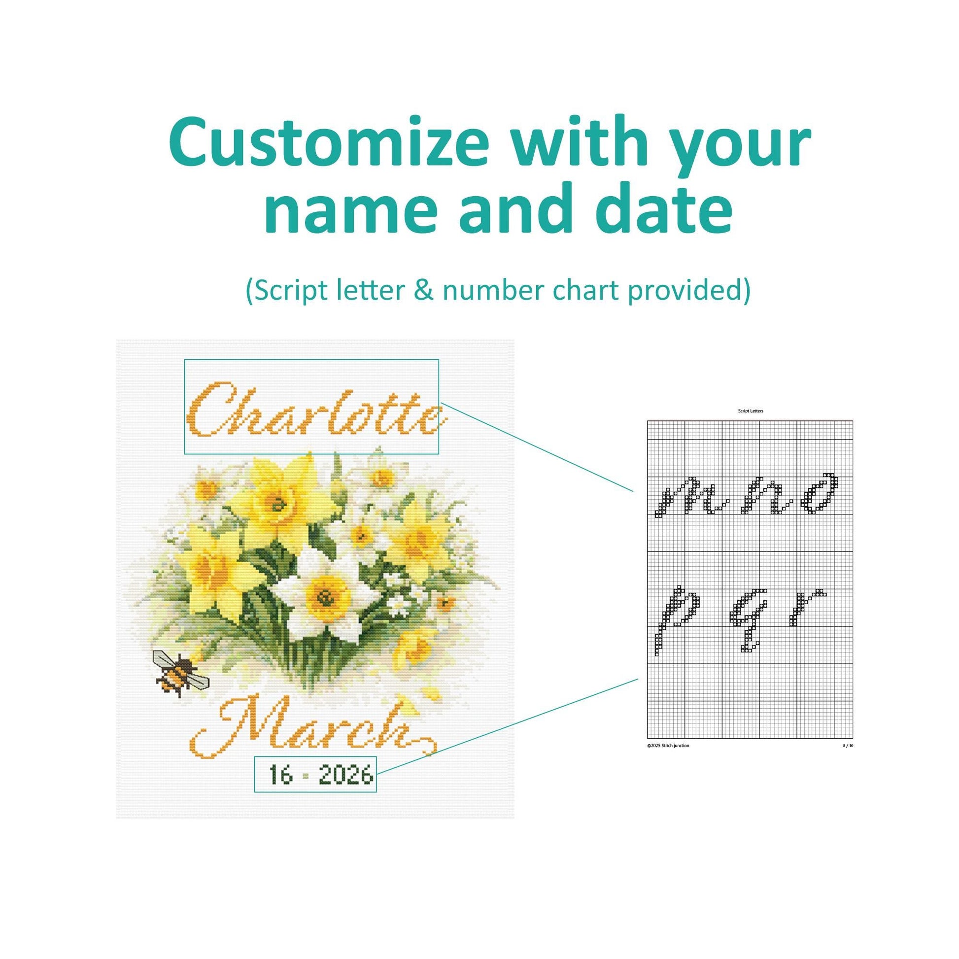 Custom Birth Flower Cross Stitch Pattern preview showing personalised name and date options with a printable chart layout.