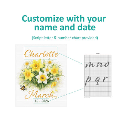 Custom Birth Flower Cross Stitch Pattern preview showing personalised name and date options with a printable chart layout.