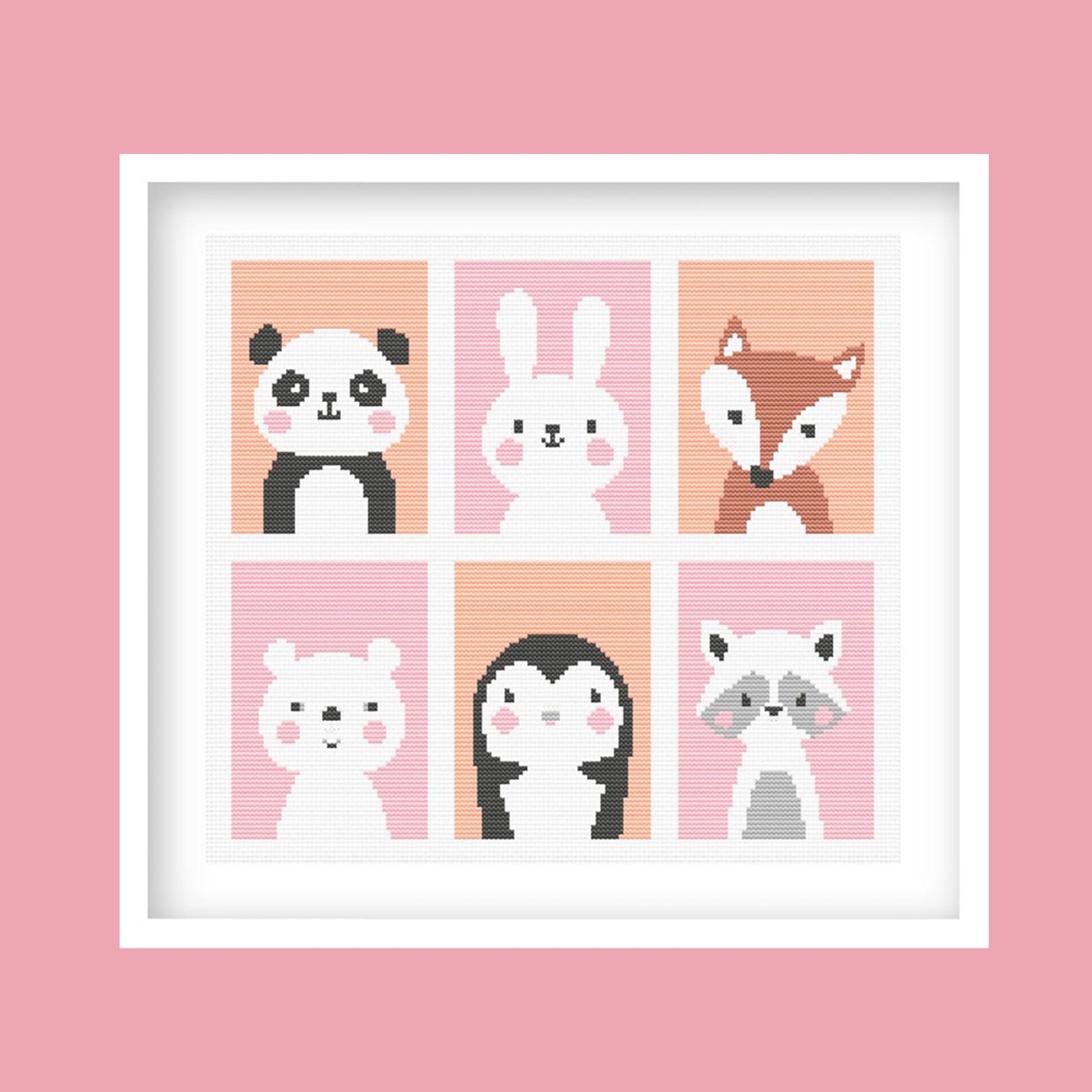 Cute Nursery Animal Cross Stitch Pattern Set featuring panda, bunny, fox, cat, penguin, and raccoon designs in soft nursery colours.