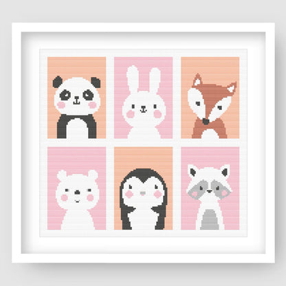 Cute Nursery Animal Cross Stitch Pattern Set displayed as framed wall art with six animal designs in soft pink panels for nursery or kids room decor.