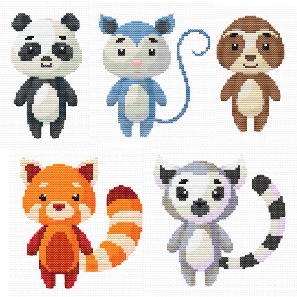 Cute Woodland Animal Cross Stitch Pattern featuring a panda, tiger, koala, monkey, and zebra in a playful nursery wall art design.