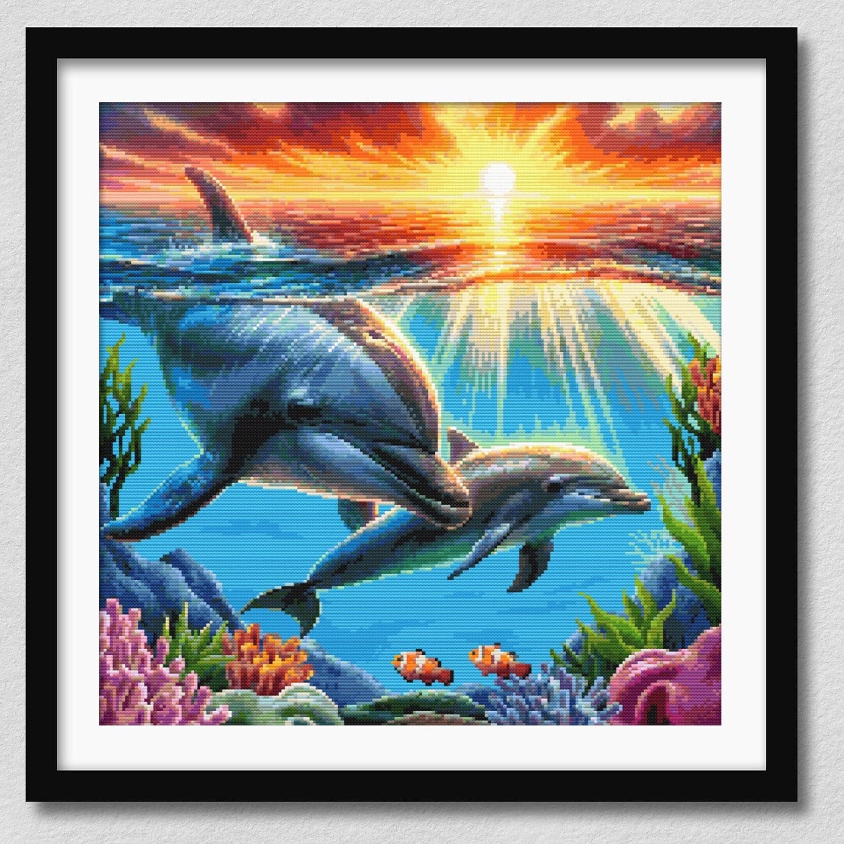Dolphin cross stitch chart preview with colour symbols and black-and-white symbol chart for a digital PDF pattern.